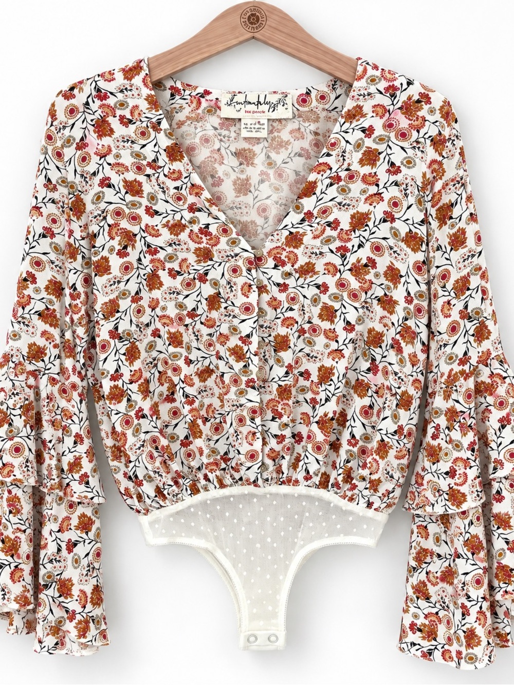 Free People Intimately Floral Bell Sleeve Bodysuit Button Front Boho Top